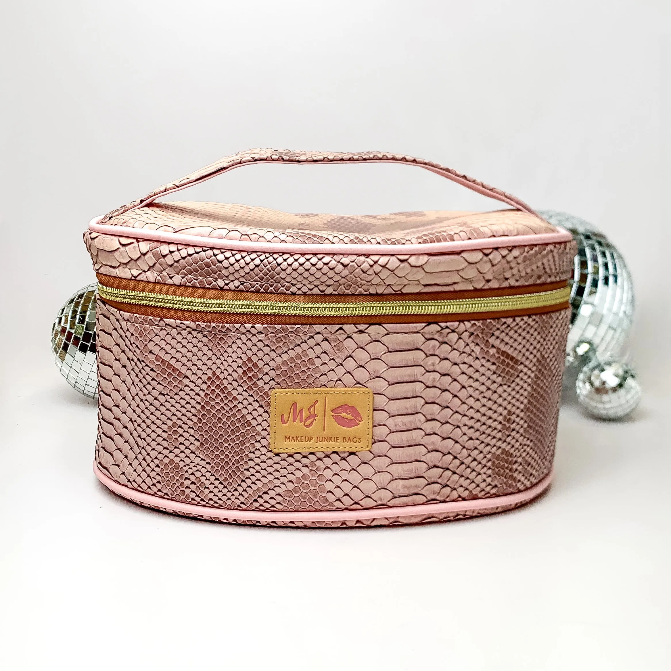 Makeup Junkie | Medium Copperazzi Train Case in Dusty Pink Snake Print