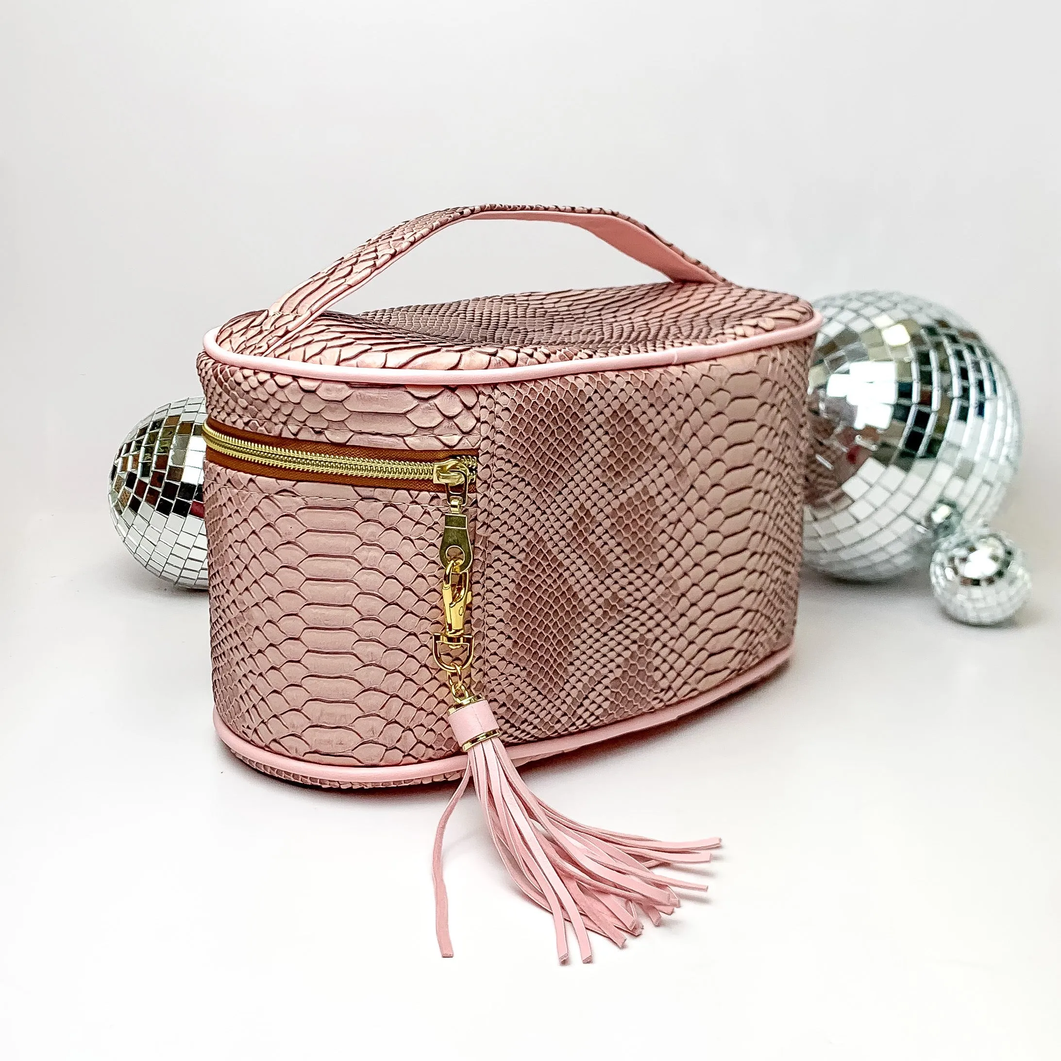 Makeup Junkie | Medium Copperazzi Train Case in Dusty Pink Snake Print