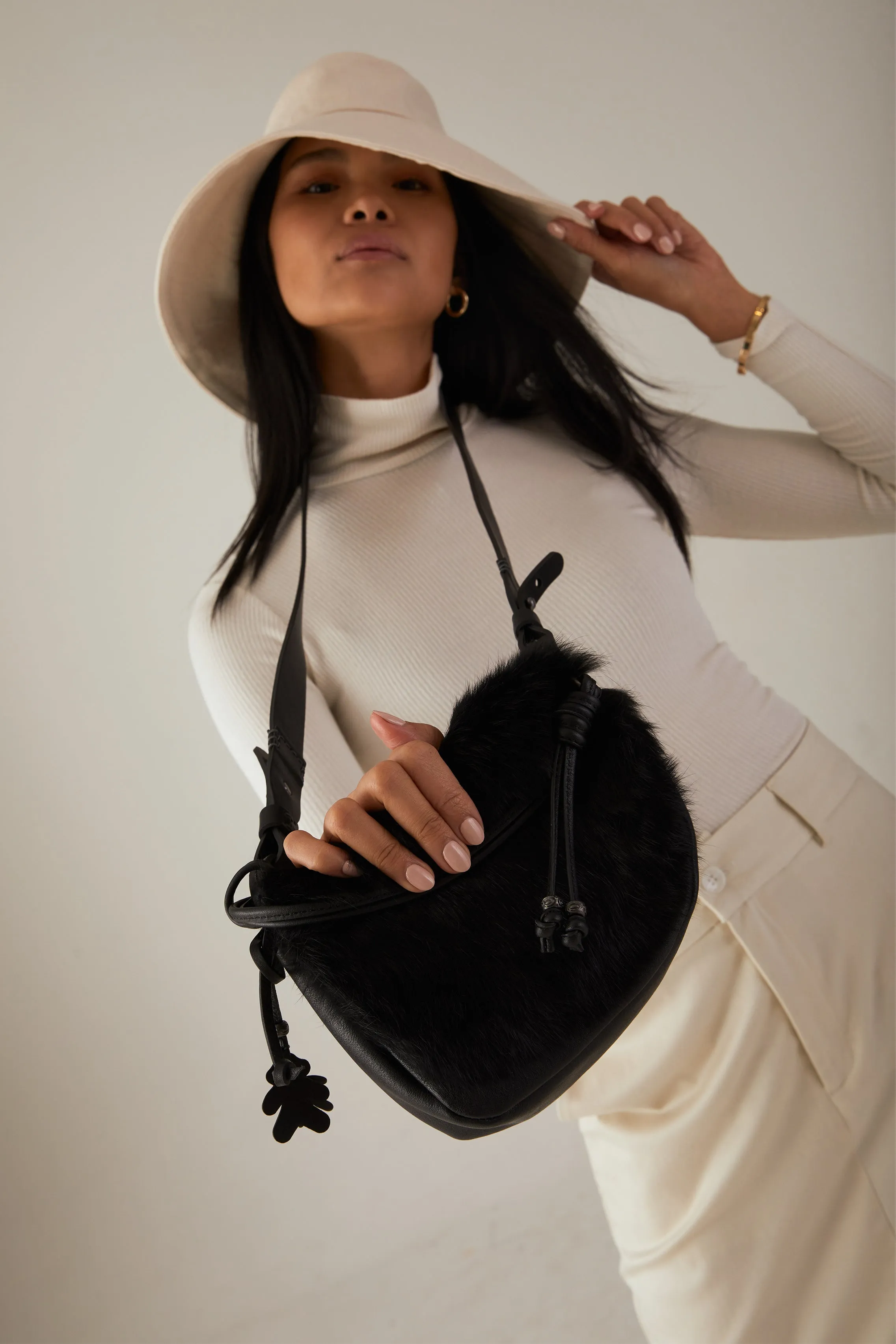 Marinella Messico Small Leather and Fur Bag in Lapin Nero