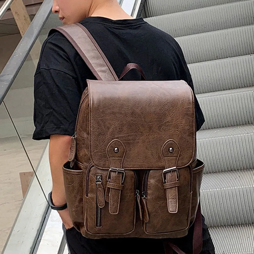 Men Double Front Pocket Flap-Over Hasp Backpack Vintage Large Capacity Wear-resistant 14 Inch Laptop Bag