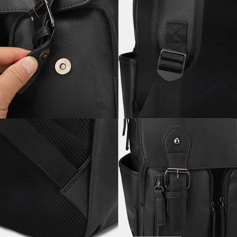 Men Double Front Pocket Flap-Over Hasp Backpack Vintage Large Capacity Wear-resistant 14 Inch Laptop Bag