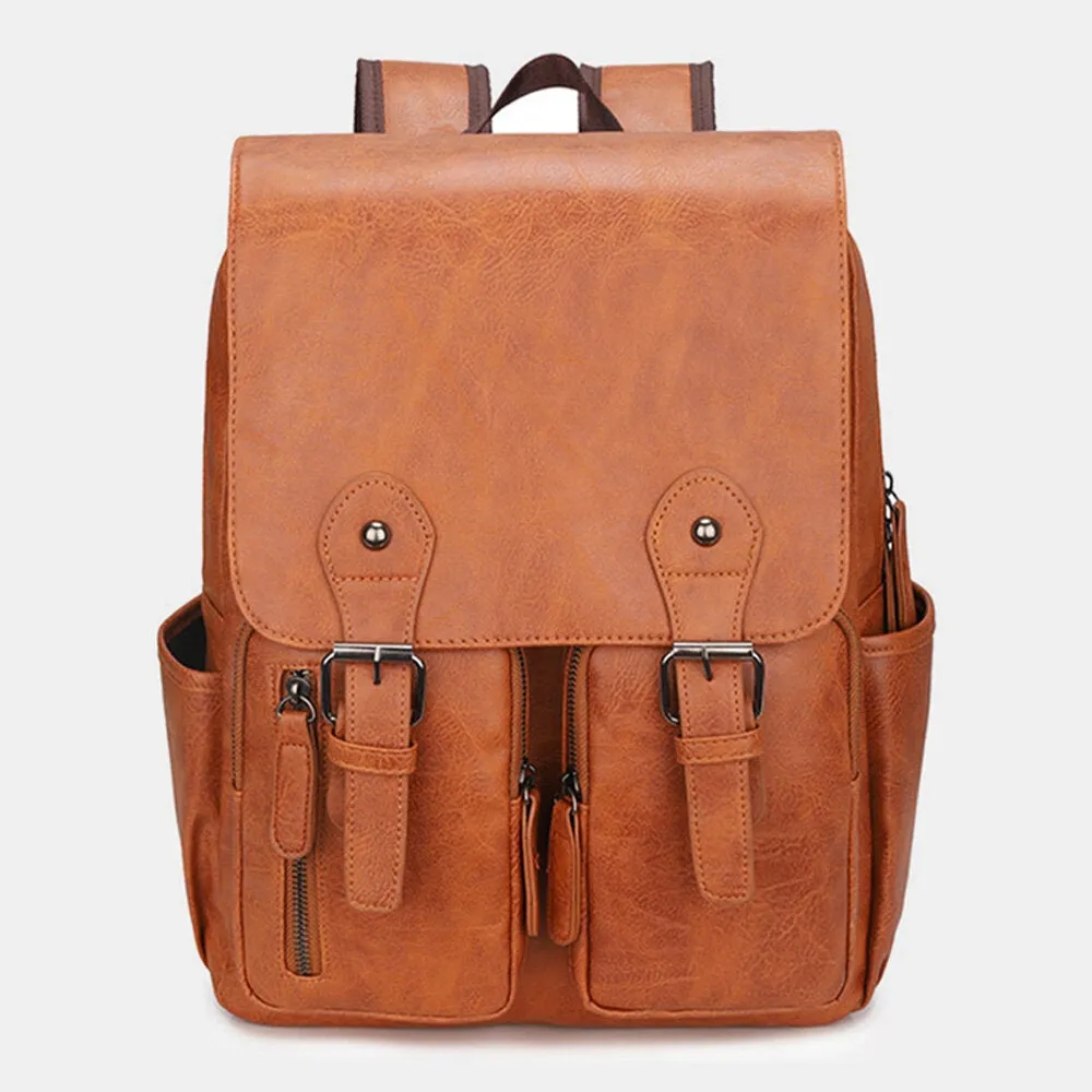 Men Double Front Pocket Flap-Over Hasp Backpack Vintage Large Capacity Wear-resistant 14 Inch Laptop Bag