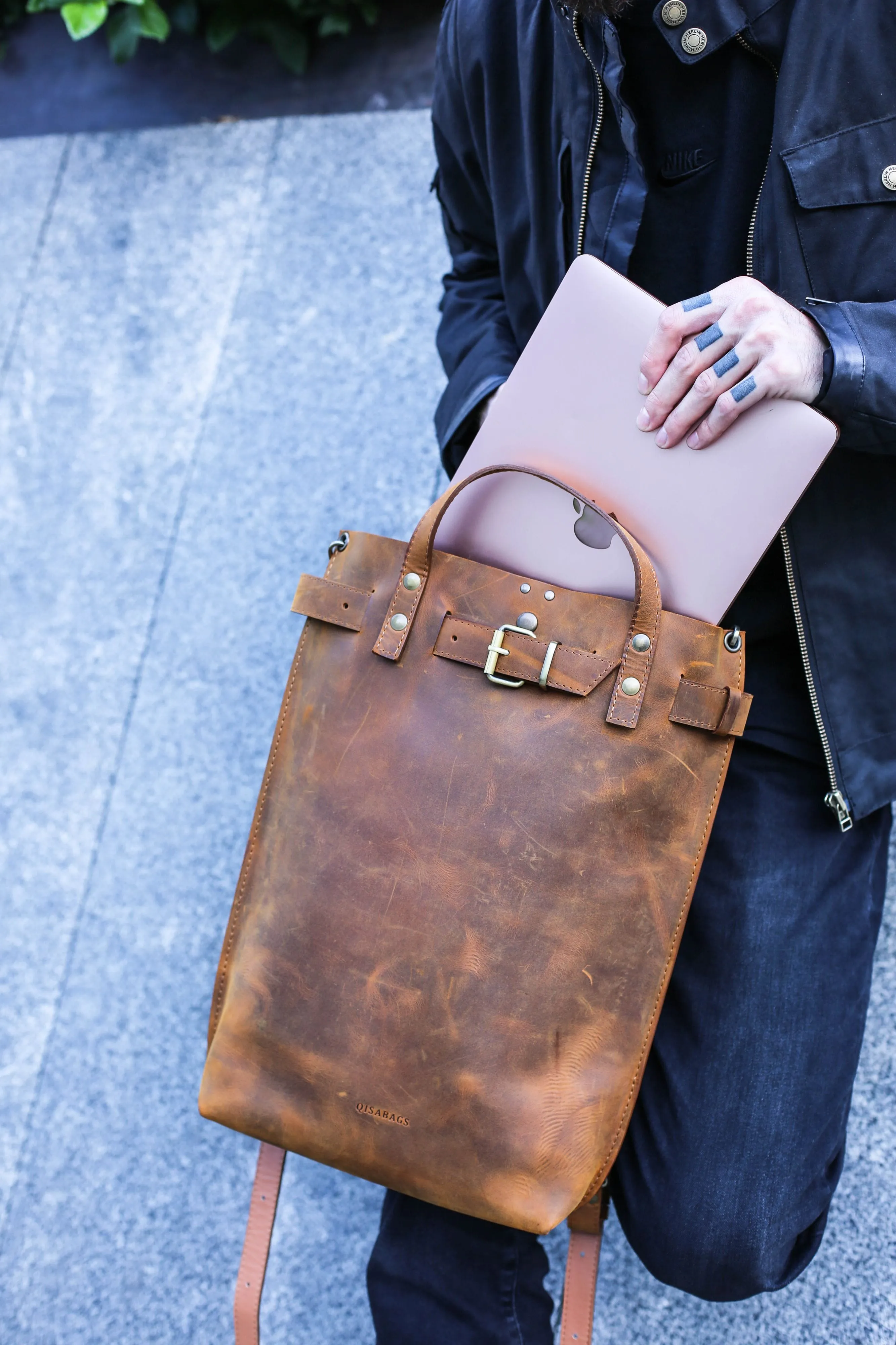 Men's Coffee Brown Leather Backpack