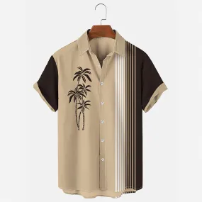 Men's Vintage Hawaiian Shirts Casual Palm Tree Print Striped Khaki Hawaiian Shirts for Men