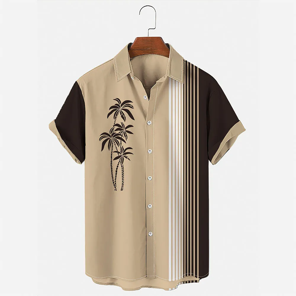 Men's Vintage Hawaiian Shirts Casual Palm Tree Print Striped Khaki Hawaiian Shirts for Men