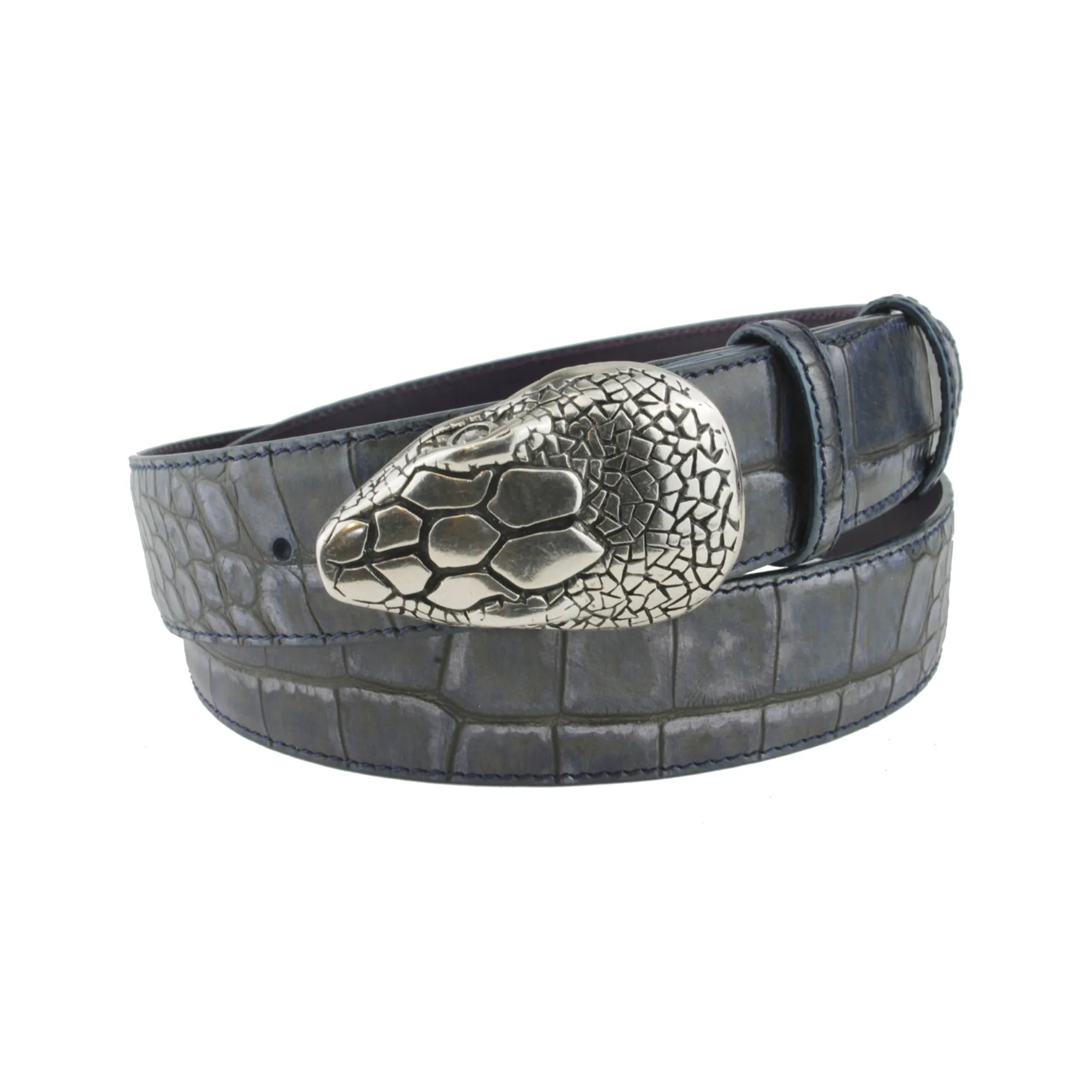 Metallic Hued Midnight Blue Tone Mock Croc Snakehead Belt