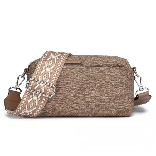 Miss Lulu Ethnic Jacquard Strap Water-Resistant Crossbody Bag – Stylish Brown PU Leather Handbag for Everyday Use