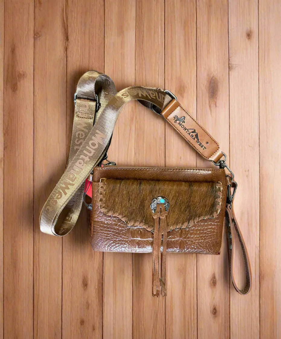 Montana West Hair-On Cowhide Croc Embossed Clutch/Crossbody