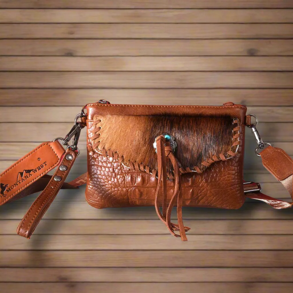 Montana West Hair-On Cowhide Croc Embossed Clutch/Crossbody