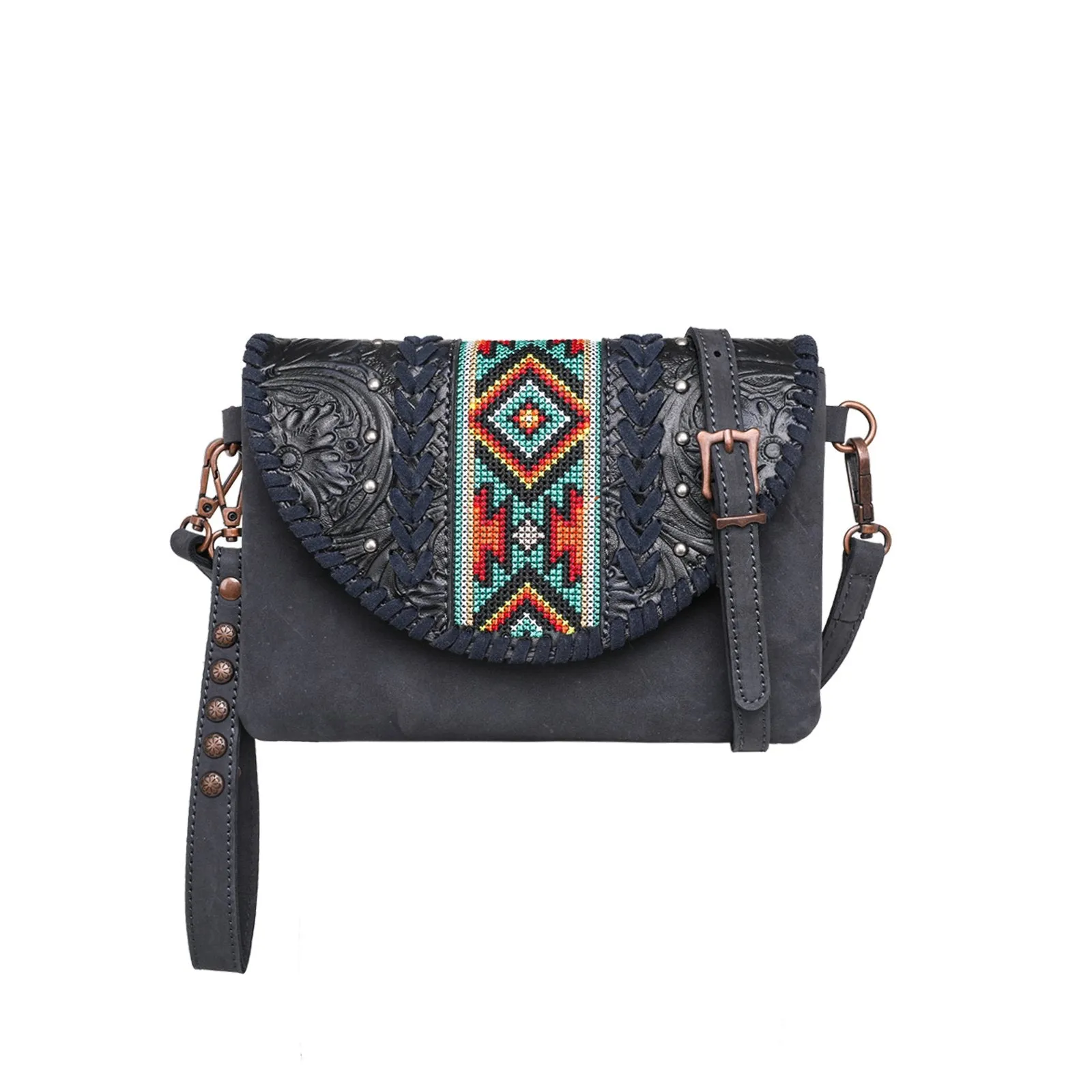 Montana West Real Leather Tooled Crossbody Clutch