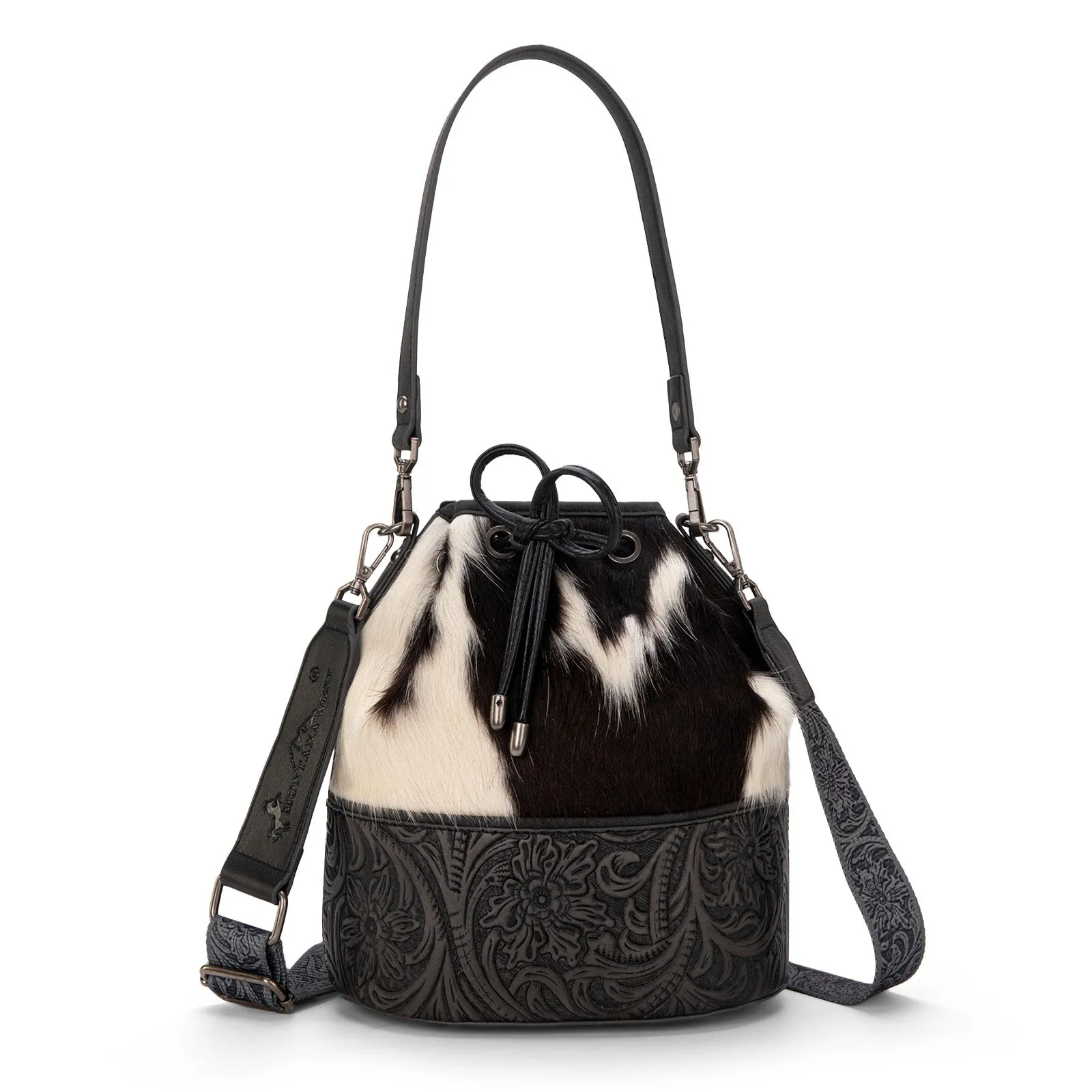 MW1275-8360 Montana West Cowhide Tooled Bucket Shoulder/Crossbody Bag- Black