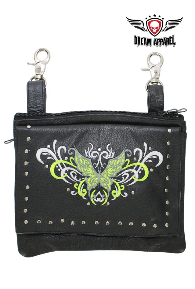 Naked Cowhide Leather Lime Green Butterfly Belt Bag W/ Studs