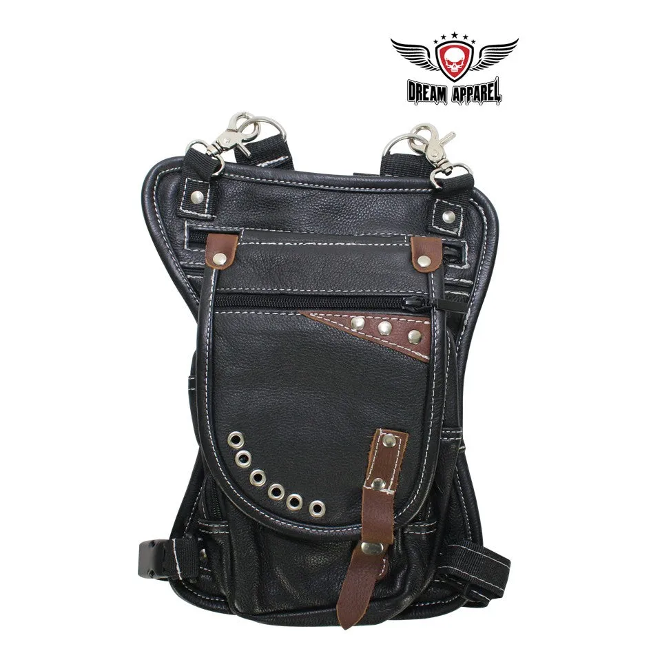 Naked Cowhide Leather Thigh Bag W/ Gun Pocket - Black & Touch Of Dark Brown