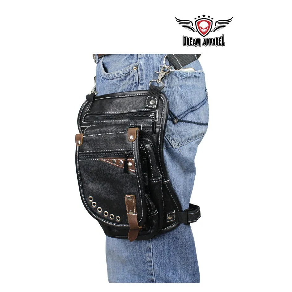 Naked Cowhide Leather Thigh Bag W/ Gun Pocket - Black & Touch Of Dark Brown