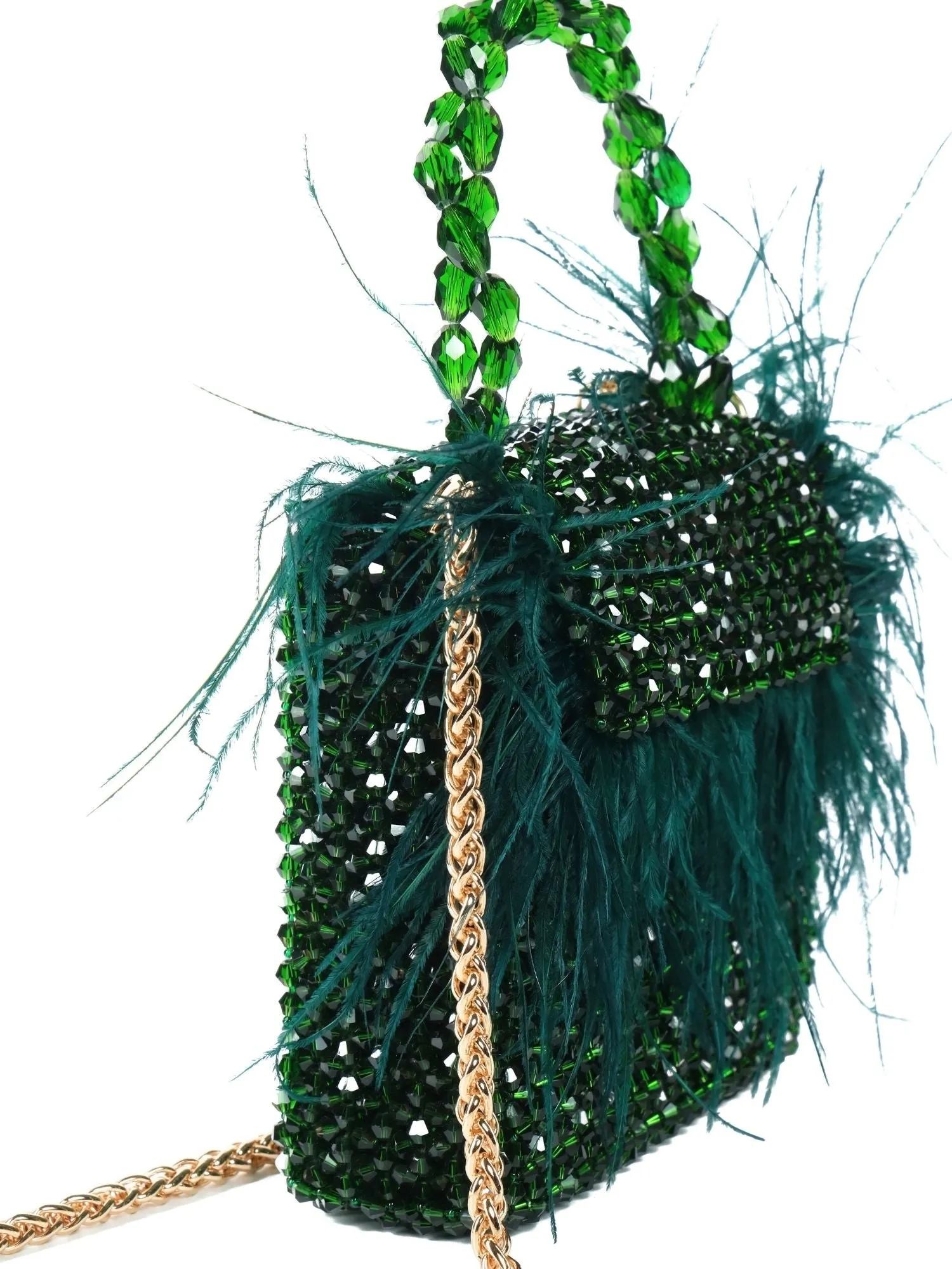 Natali Green Embellished Mini Bag With Feathers