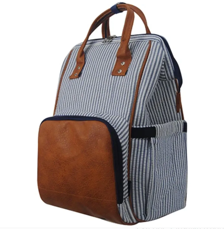 Navy Seersucker Diaper Bag Backpack (High Quality Canvas NGIL Brand)