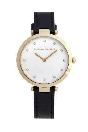 Nina Gold Tone Black Leather Strap Watch, 33mm