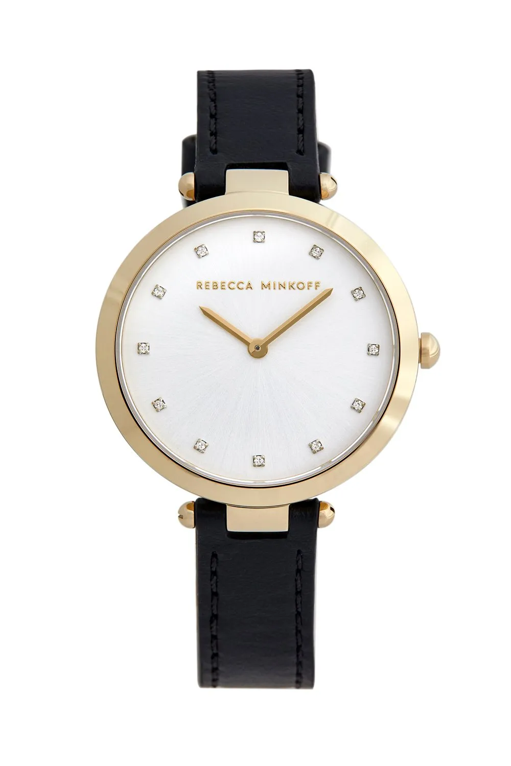 Nina Gold Tone Black Leather Strap Watch, 33mm