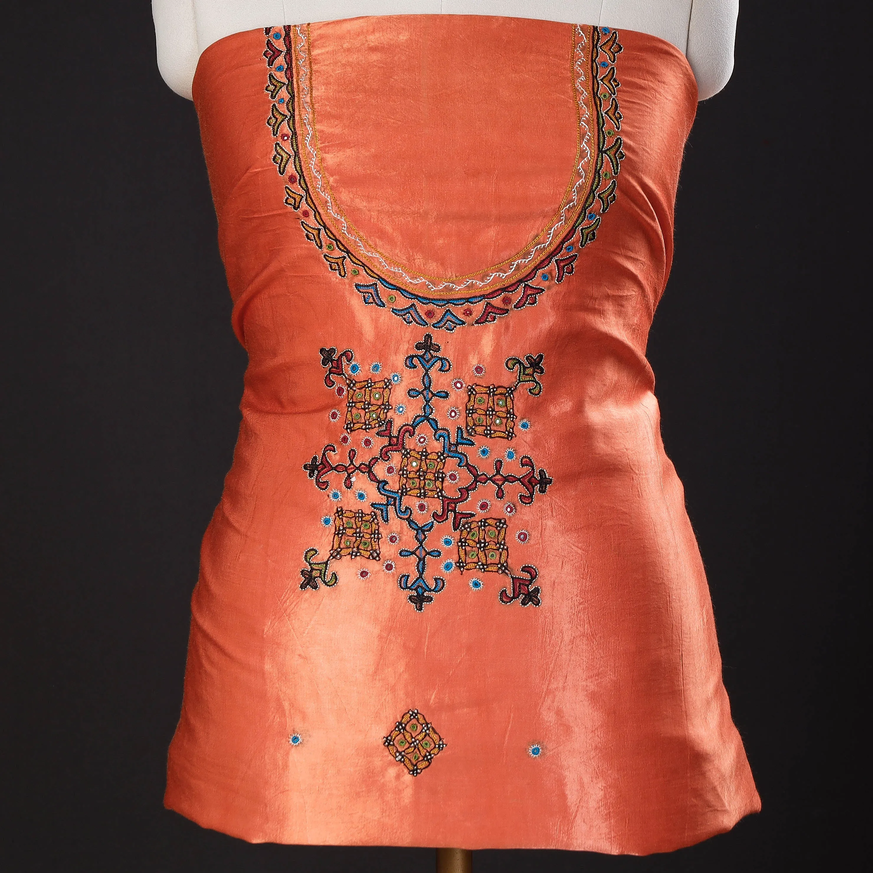 Orange - Special Kutchi Hand Embroidery Mashru Silk Kurta Material