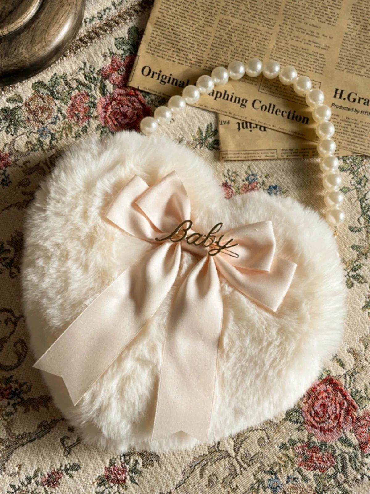 Original Homemade Lolita Love Plush Handbag with Pearl Chain