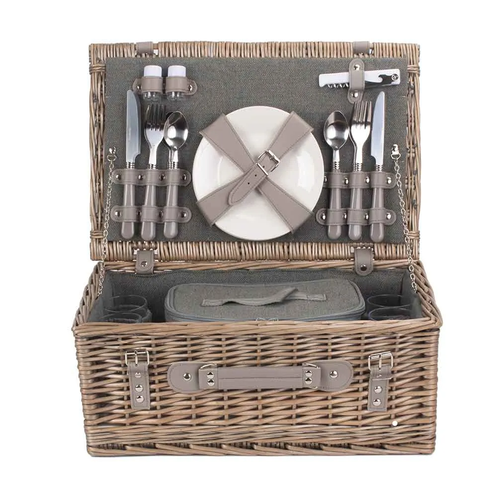 Picnic Basket Hamper Fully Fitted Four Person in Grey Tweed 114 by Willow