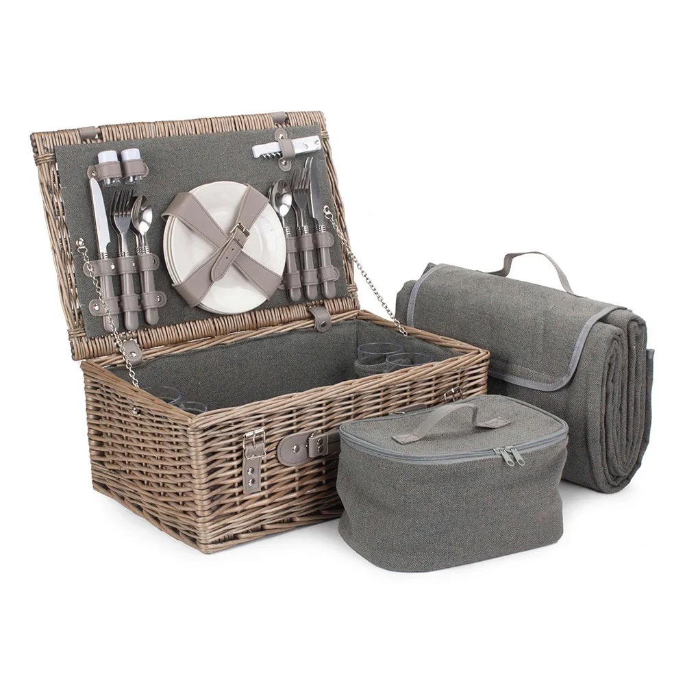 Picnic Basket Hamper Fully Fitted Four Person in Grey Tweed 114 by Willow