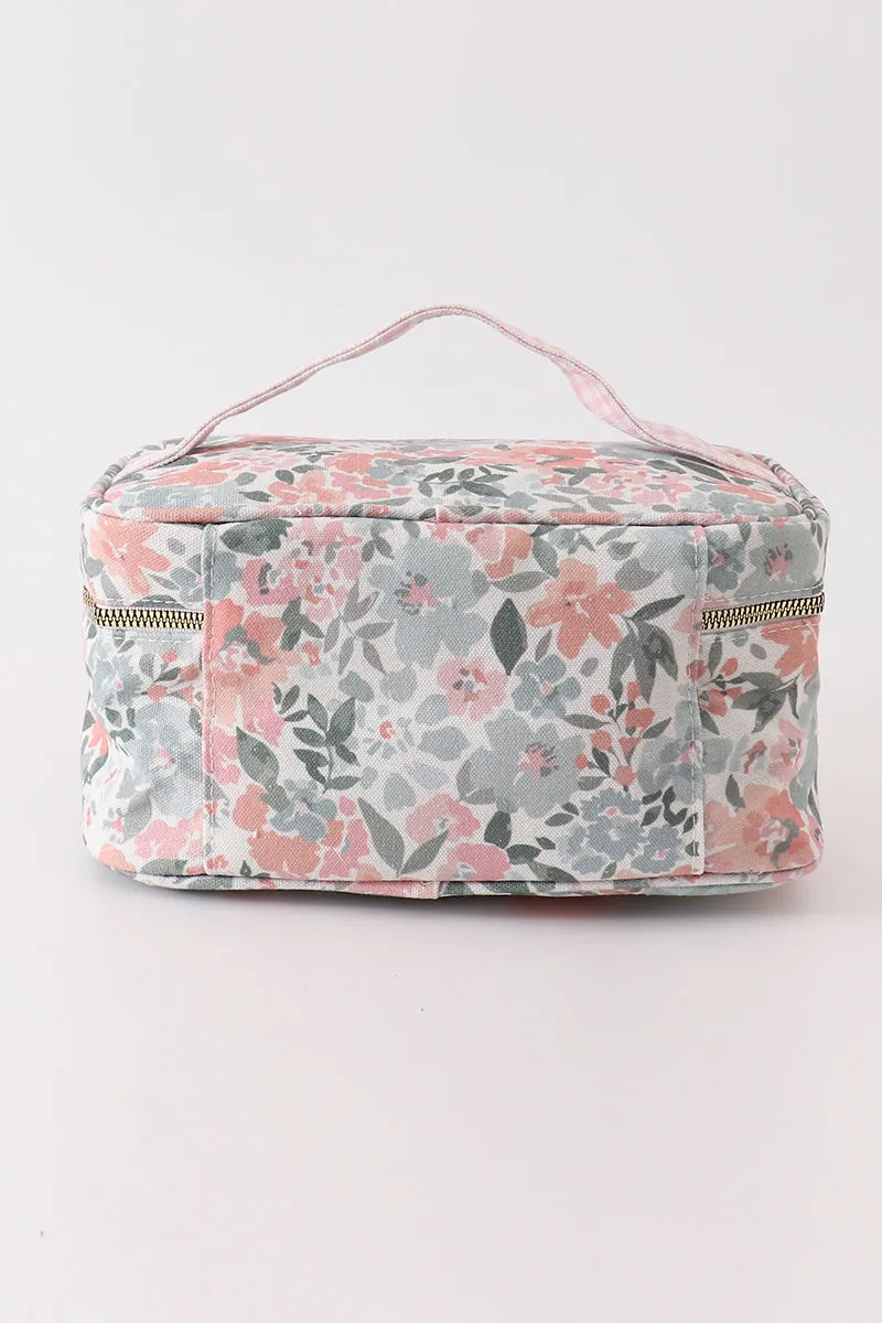 Pink floral makeup bag