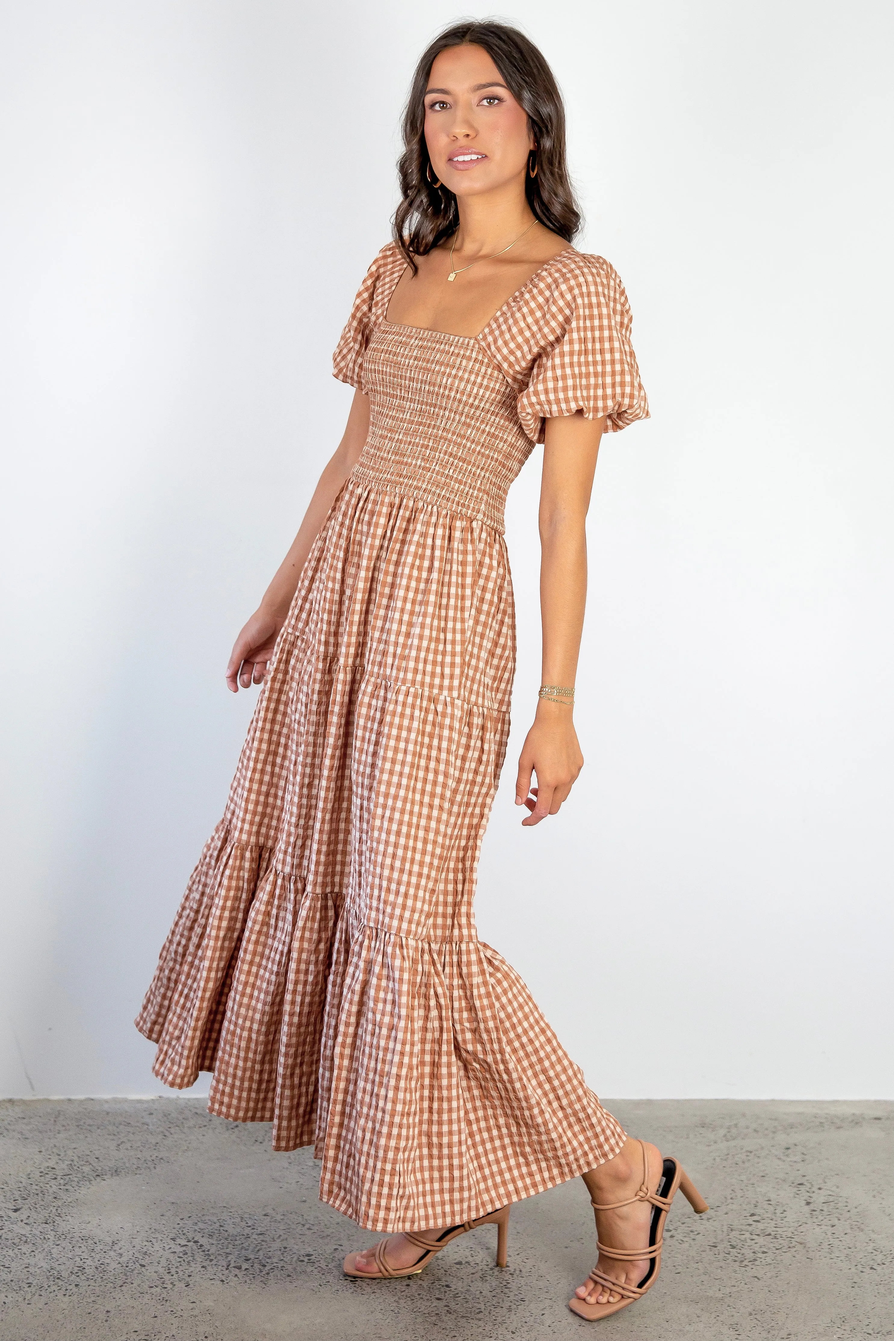 Raven Caramel Cotton Check Square Neck Bubble SS Tiered Midi Dress