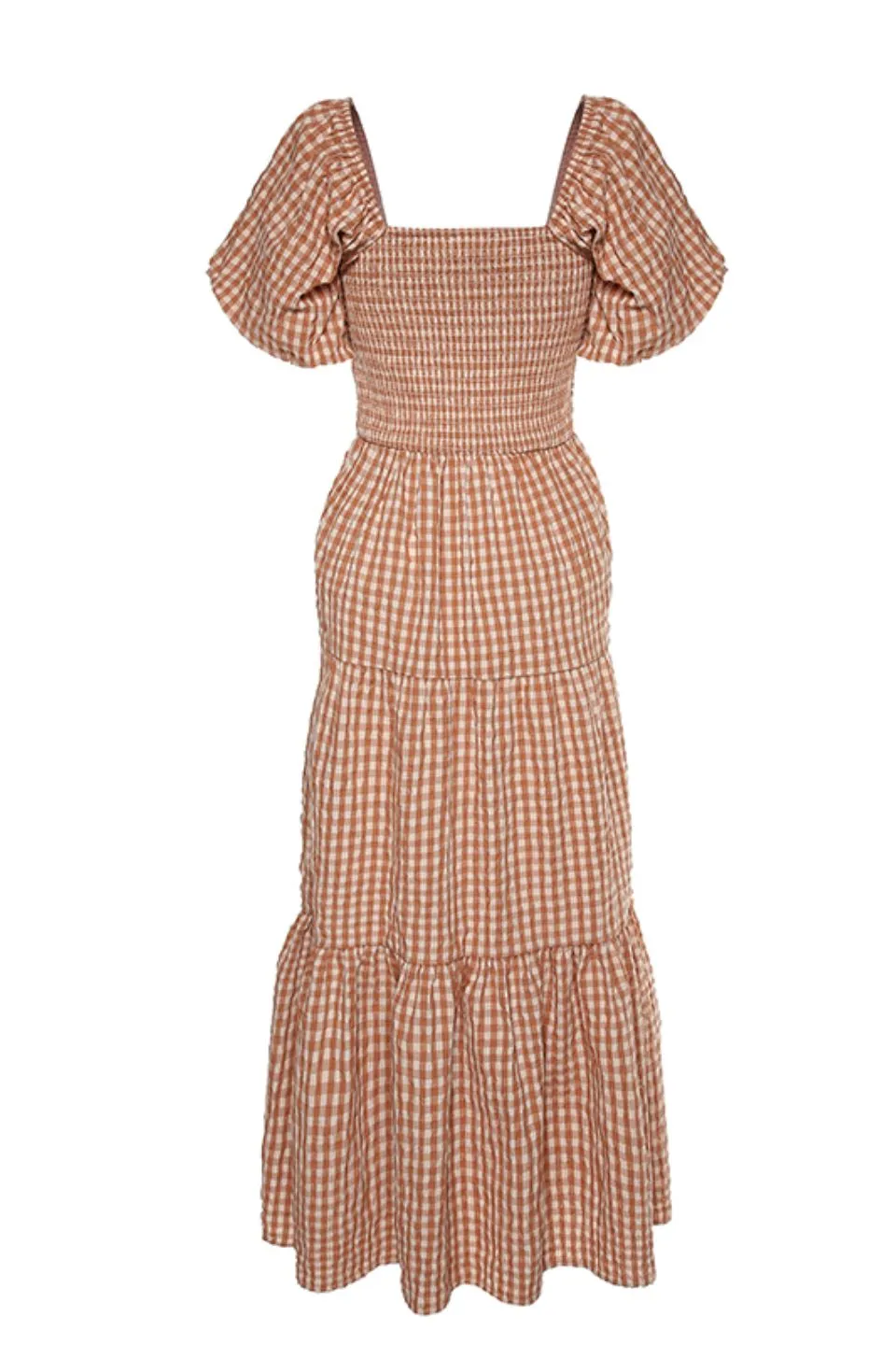 Raven Caramel Cotton Check Square Neck Bubble SS Tiered Midi Dress