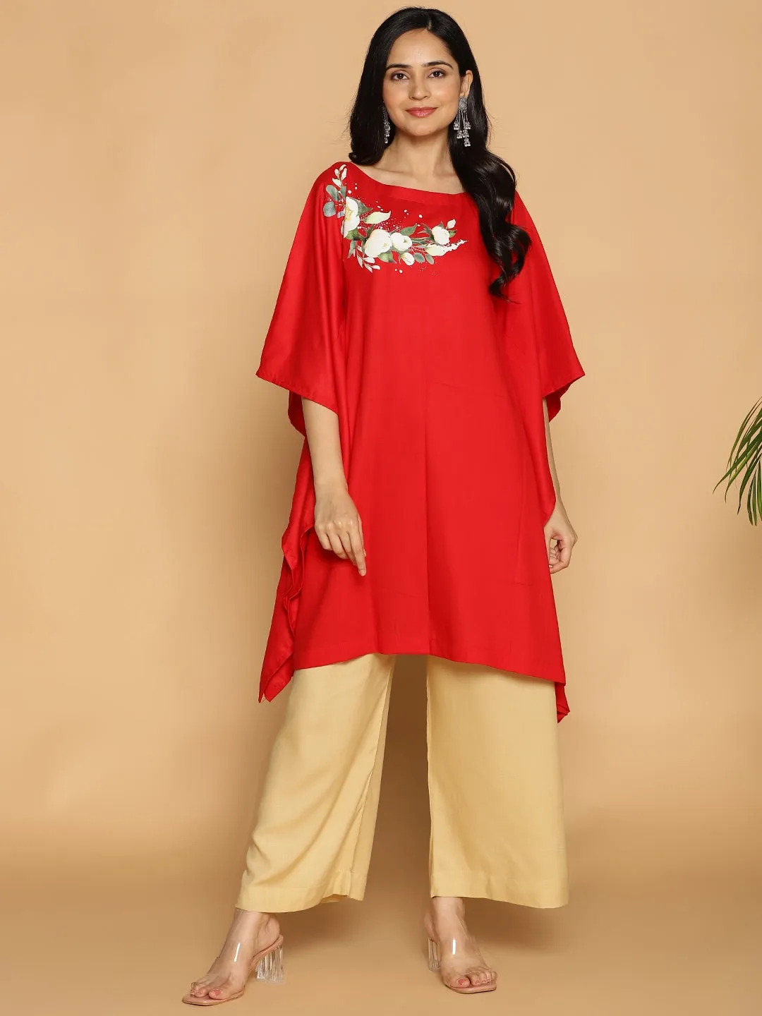 Red Rayon Kaftan - White Flowers