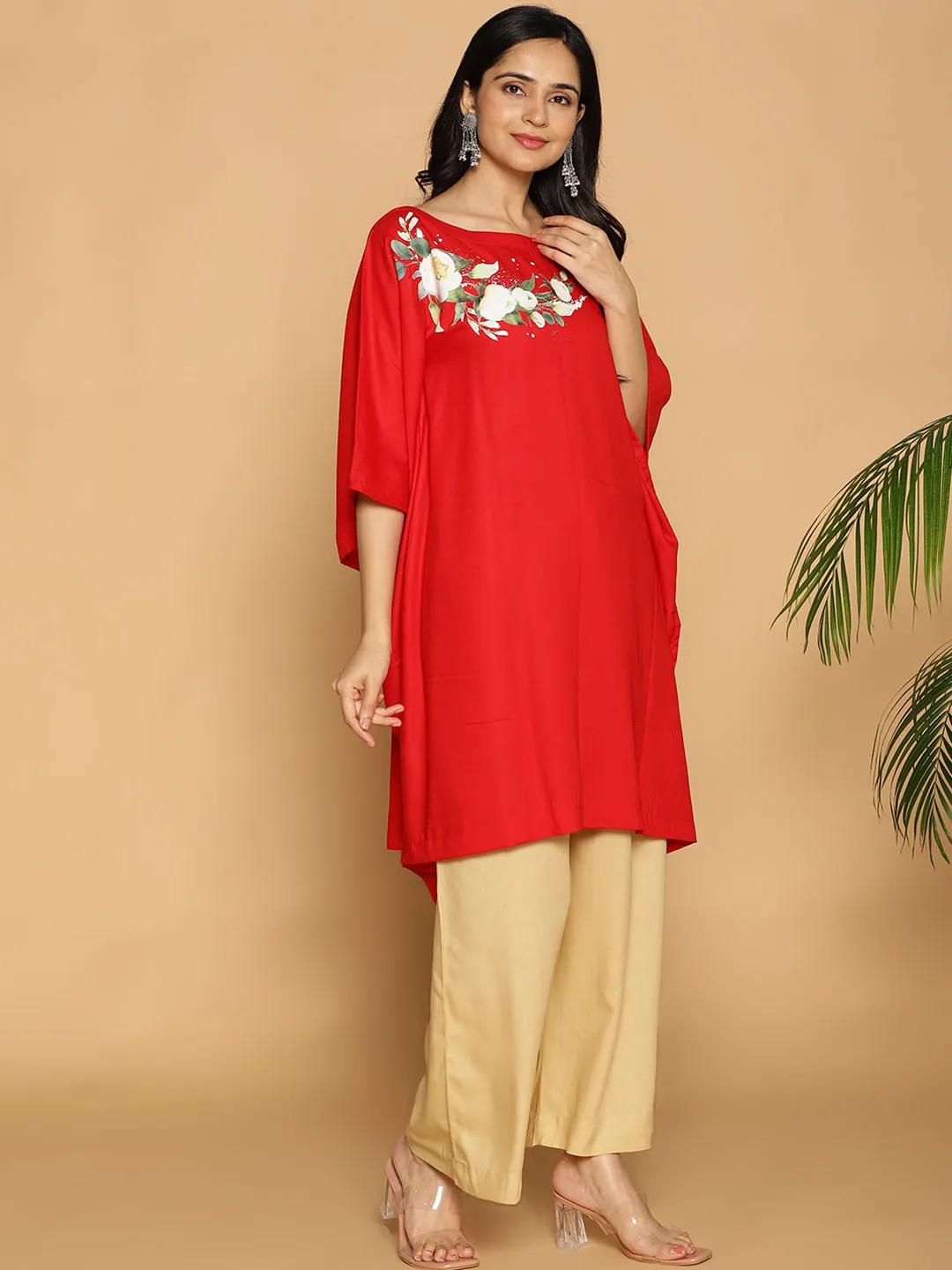 Red Rayon Kaftan - White Flowers