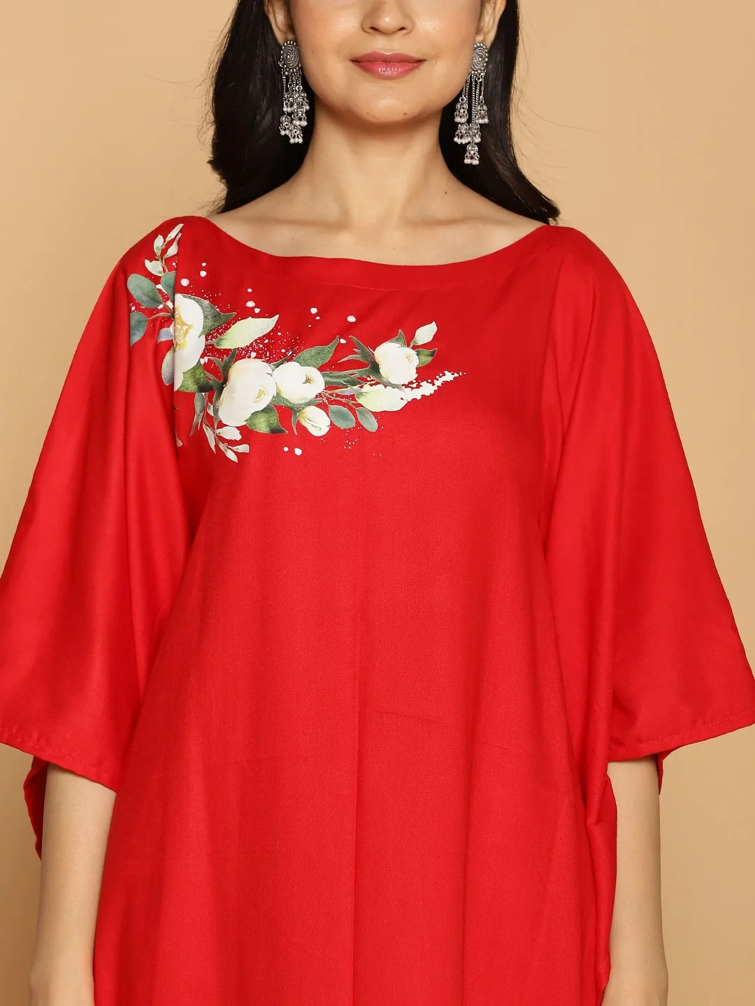 Red Rayon Kaftan - White Flowers