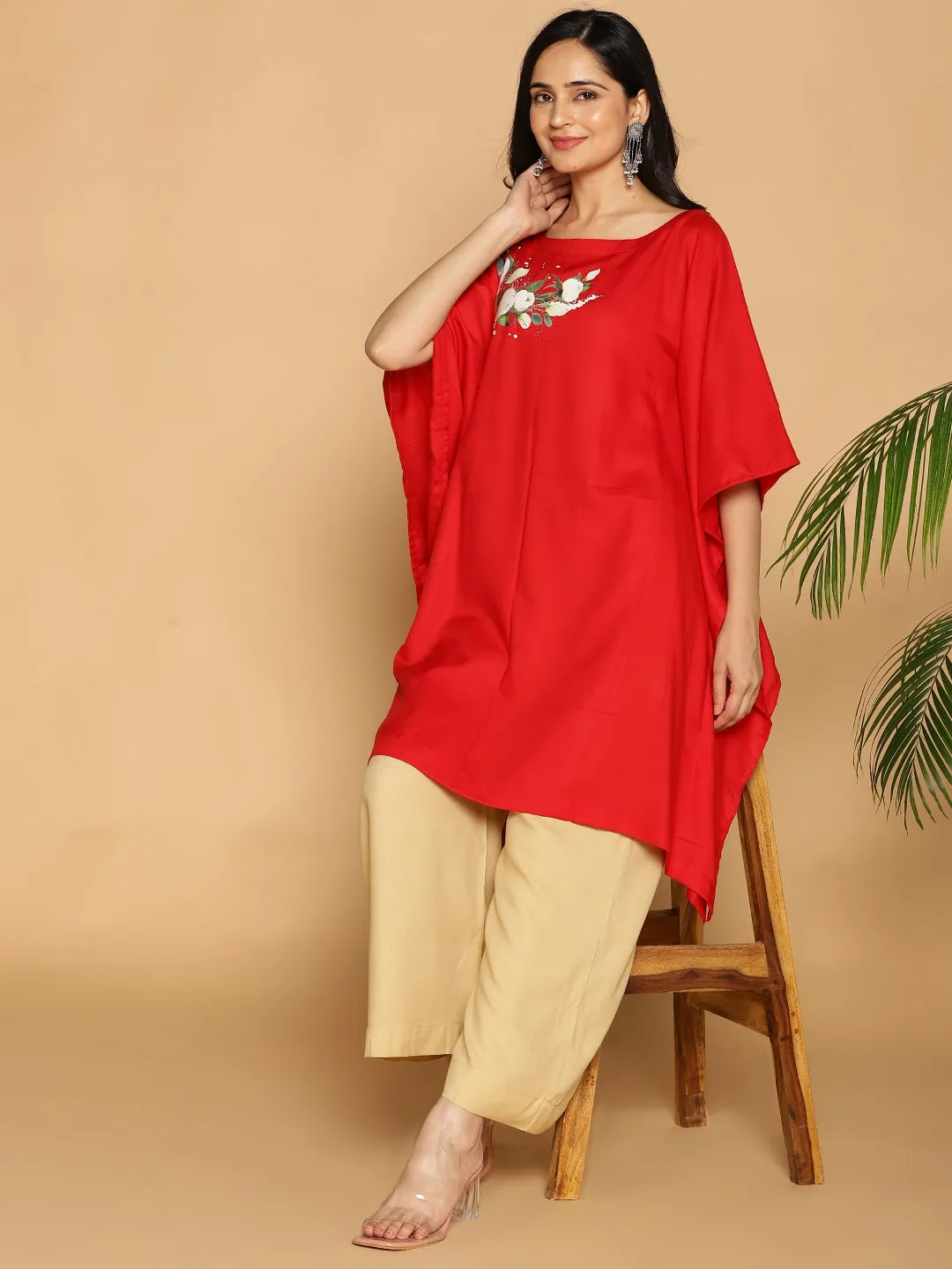 Red Rayon Kaftan - White Flowers