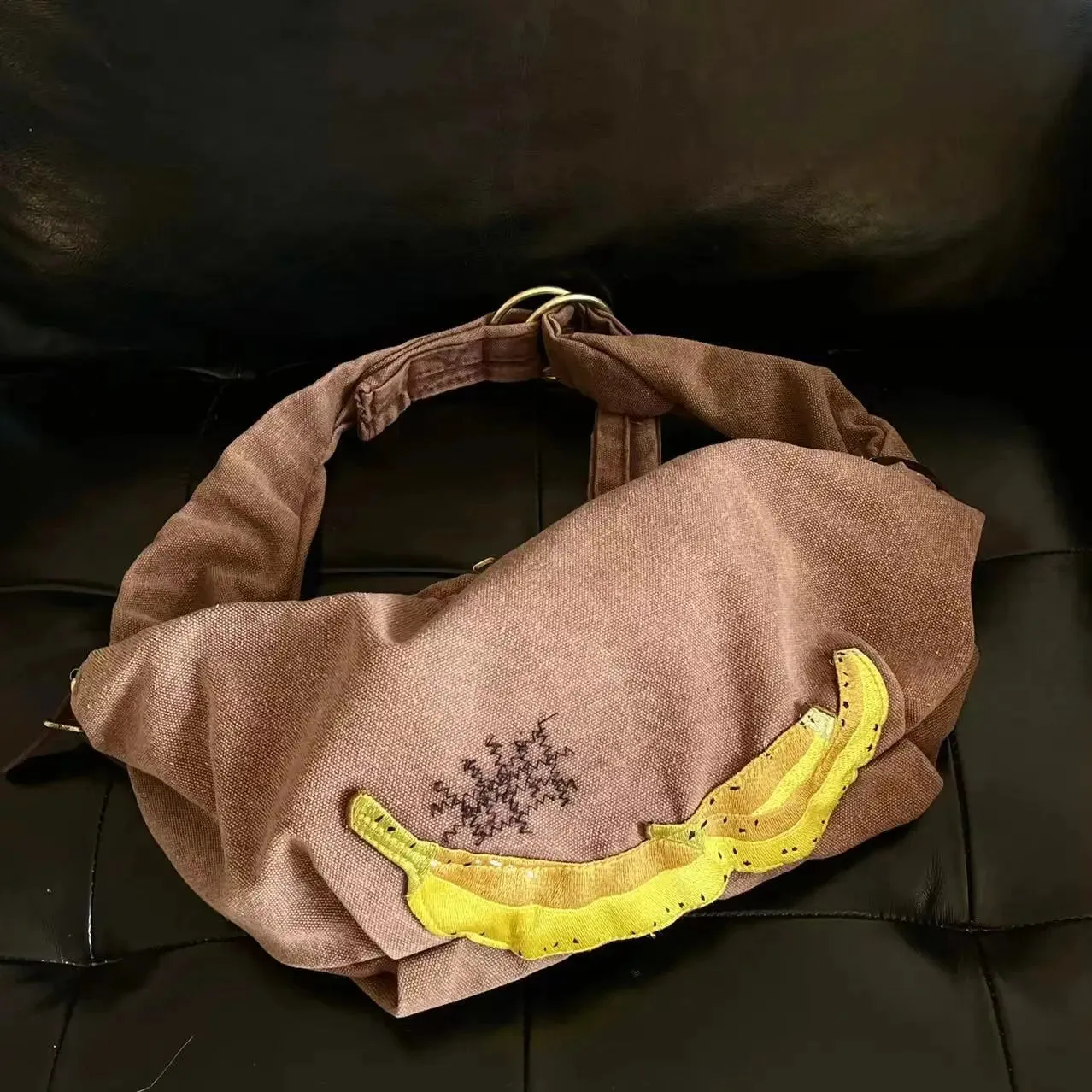 Retro Vintage Banana Embroidery Canvas Large Couple Crossbody Shoulder Bag