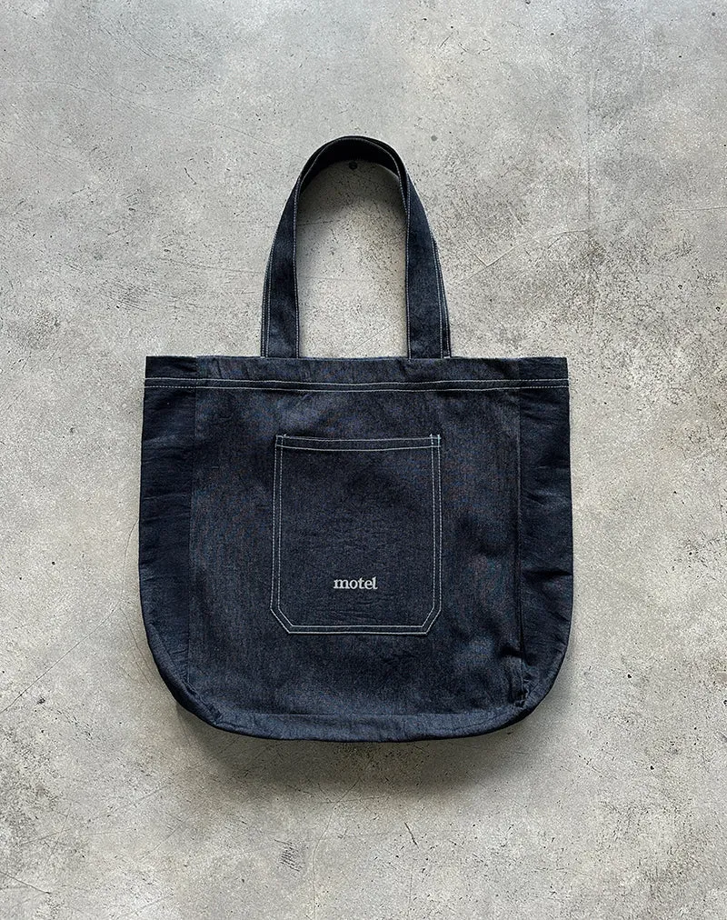 Ruka Tote Bag in Denim Indigo with White Motel Embroidery