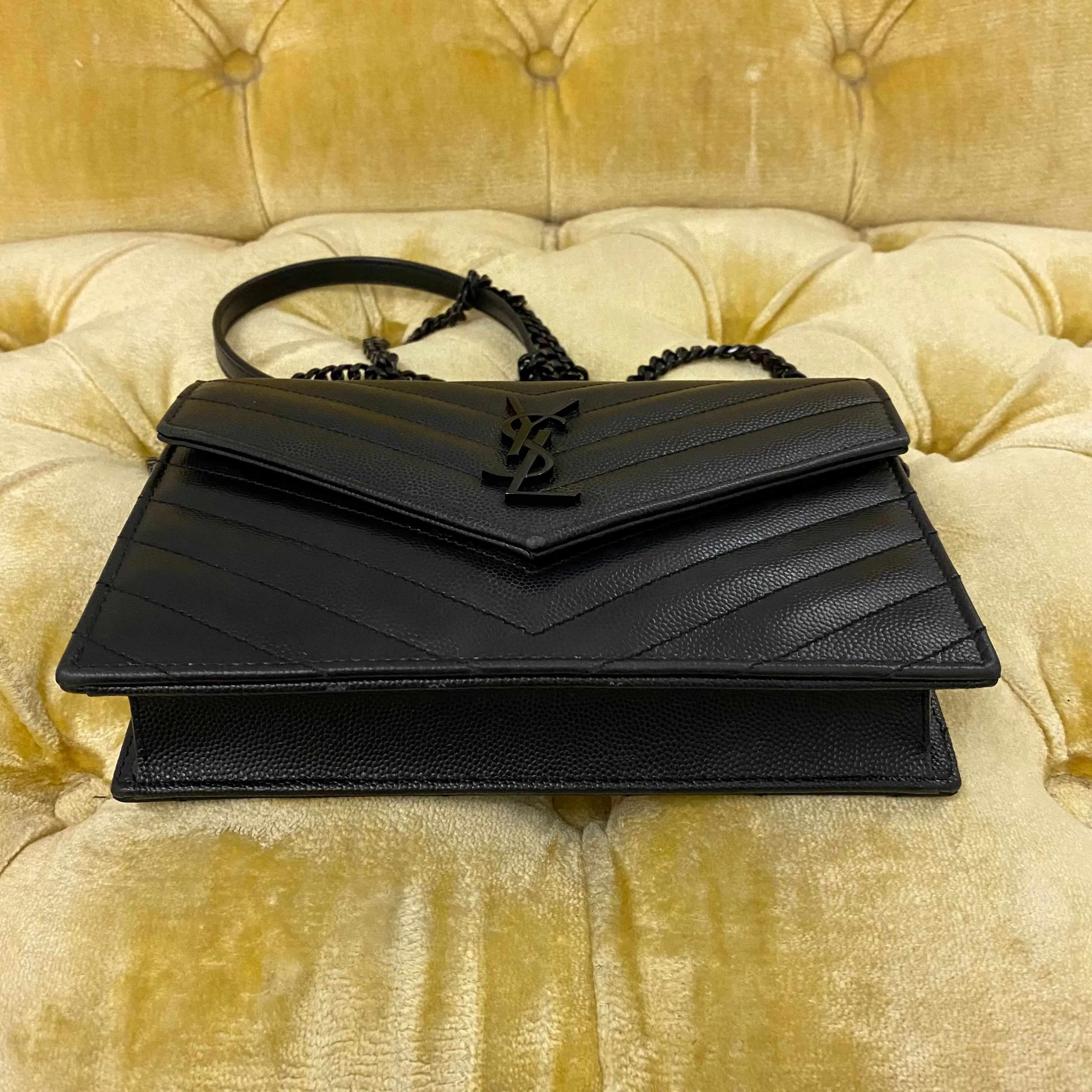 Saint Laurent Black Chevron Wallet on Chain