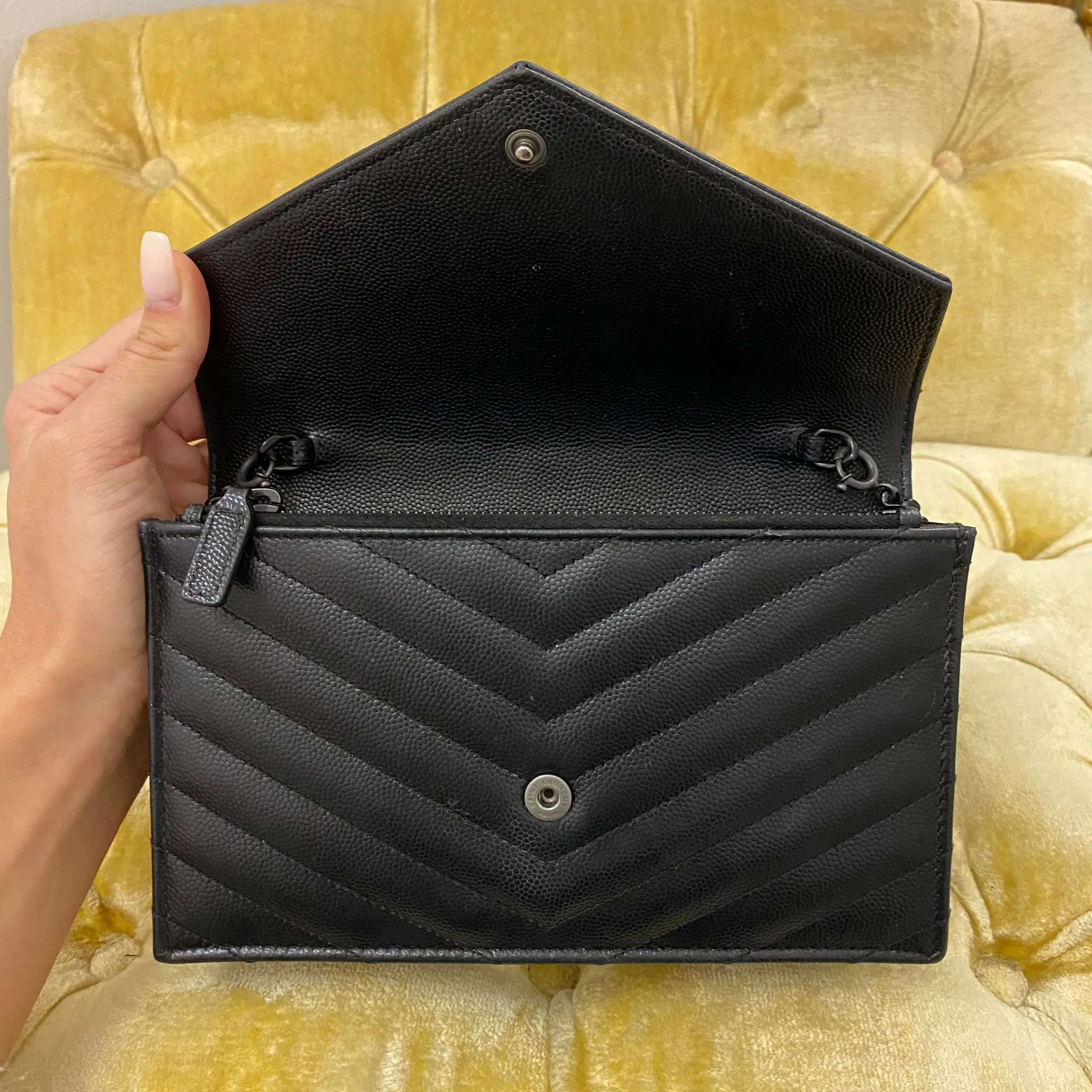 Saint Laurent Black Chevron Wallet on Chain