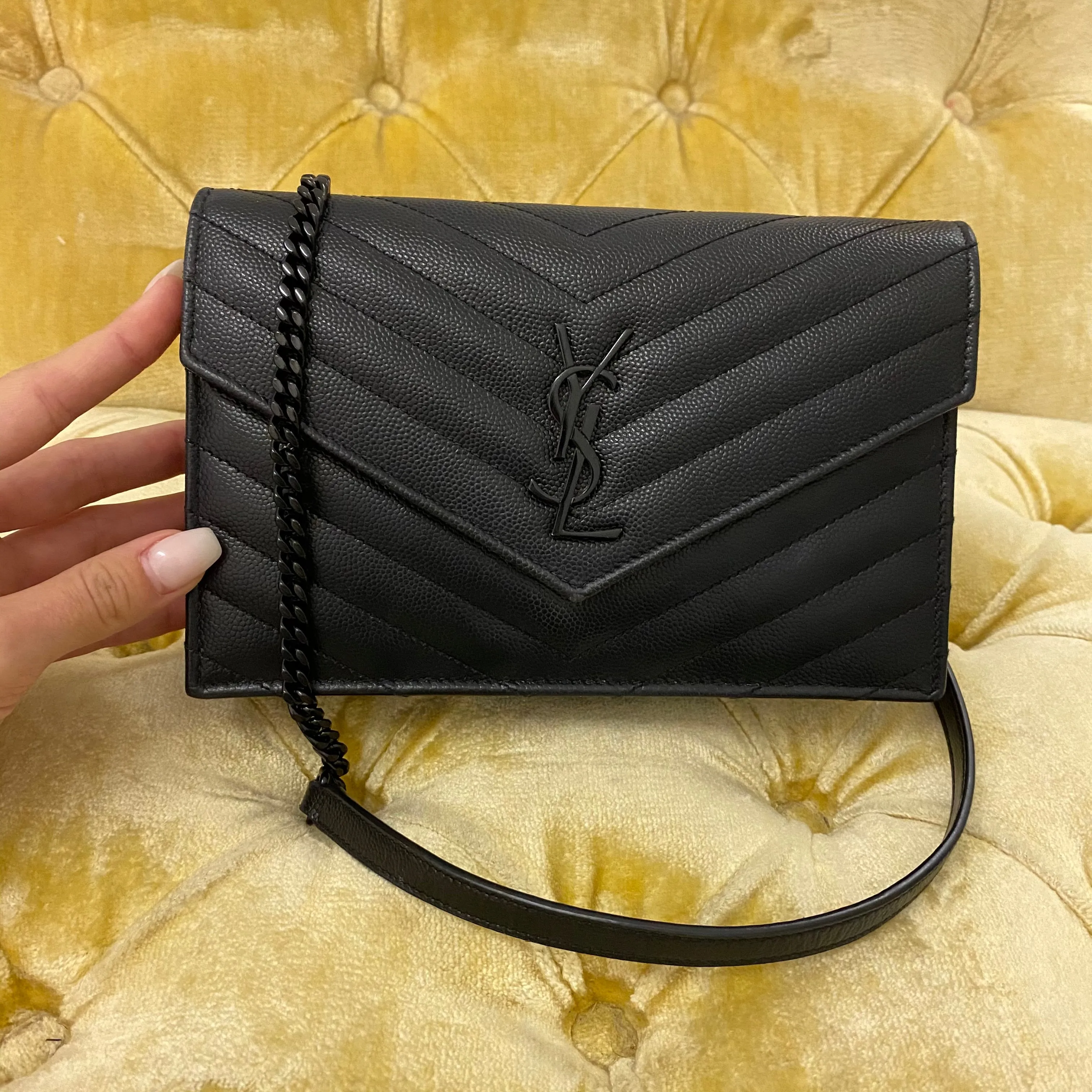 Saint Laurent Black Chevron Wallet on Chain