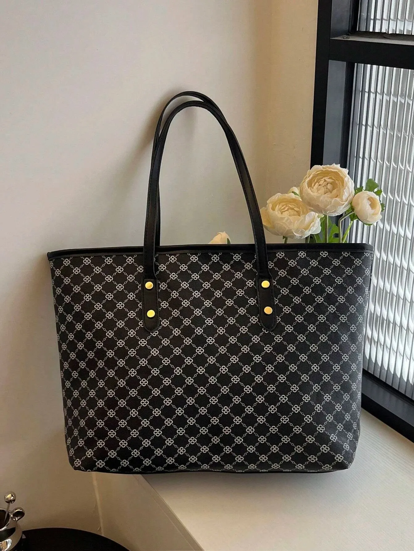 SHEIN Large Shoulder Tote Bag Geometric Pattern Studded Decor