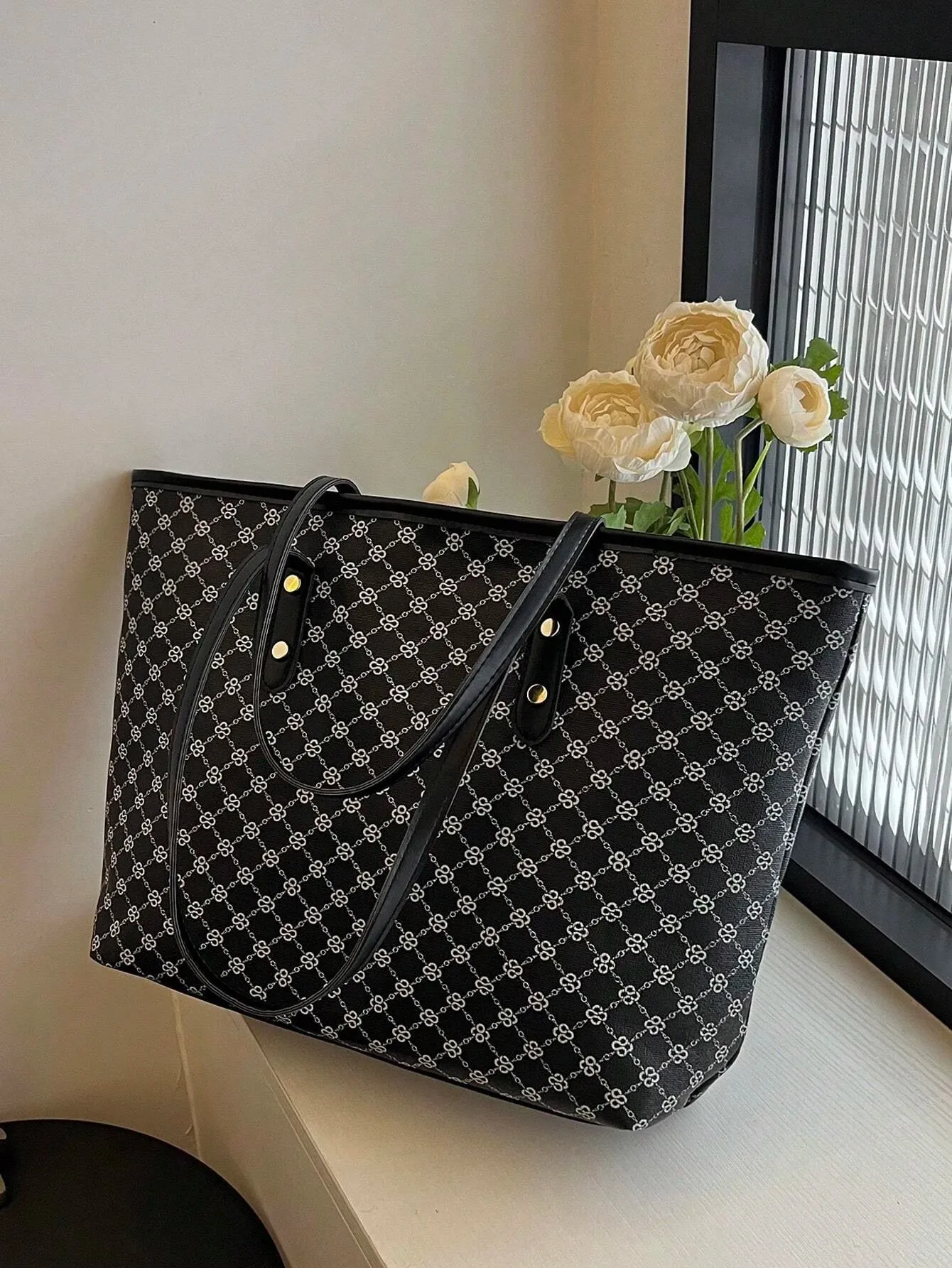 SHEIN Large Shoulder Tote Bag Geometric Pattern Studded Decor