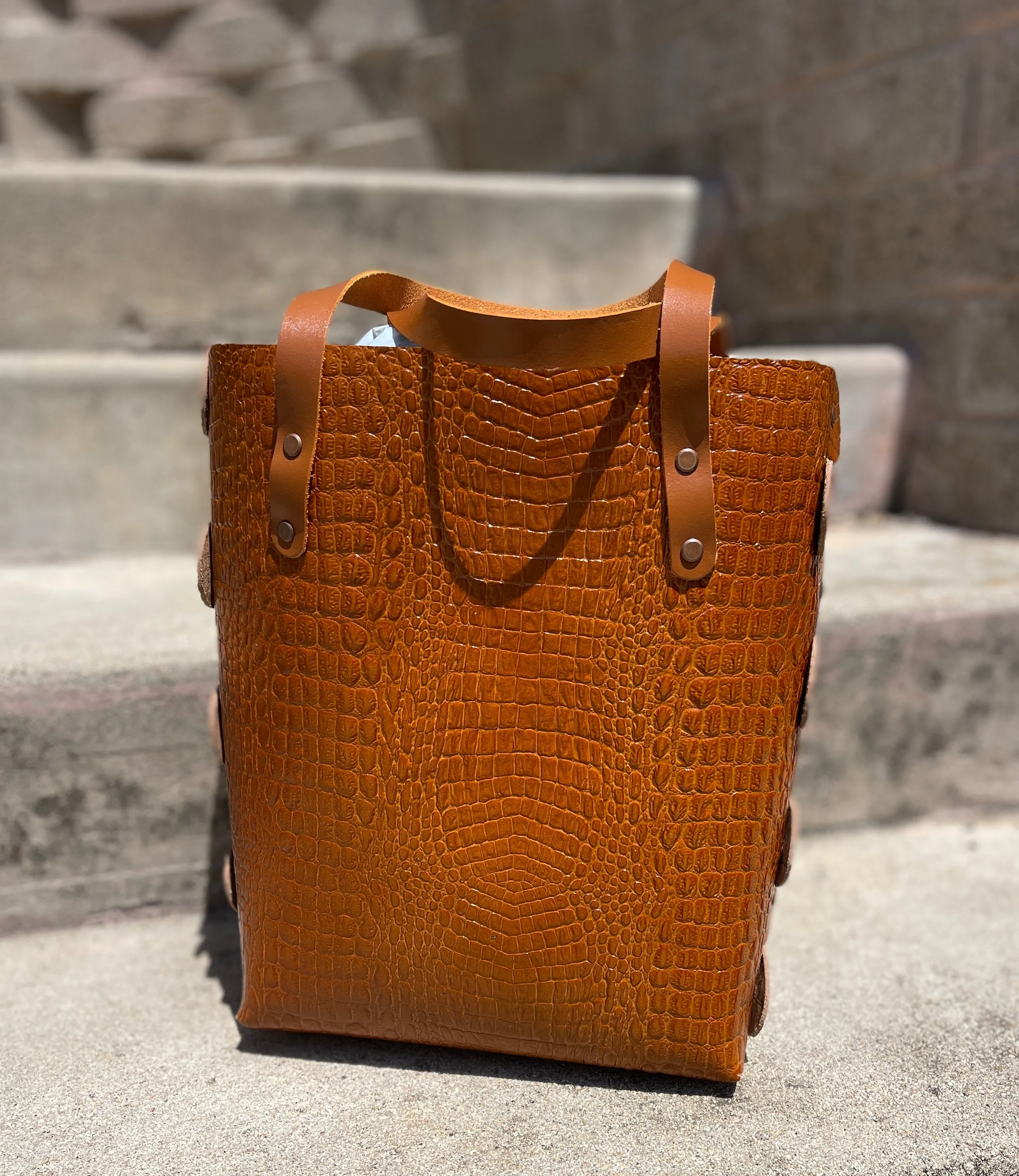 Shiny Caramel Croc Embossed Open Top Crossbody Tote