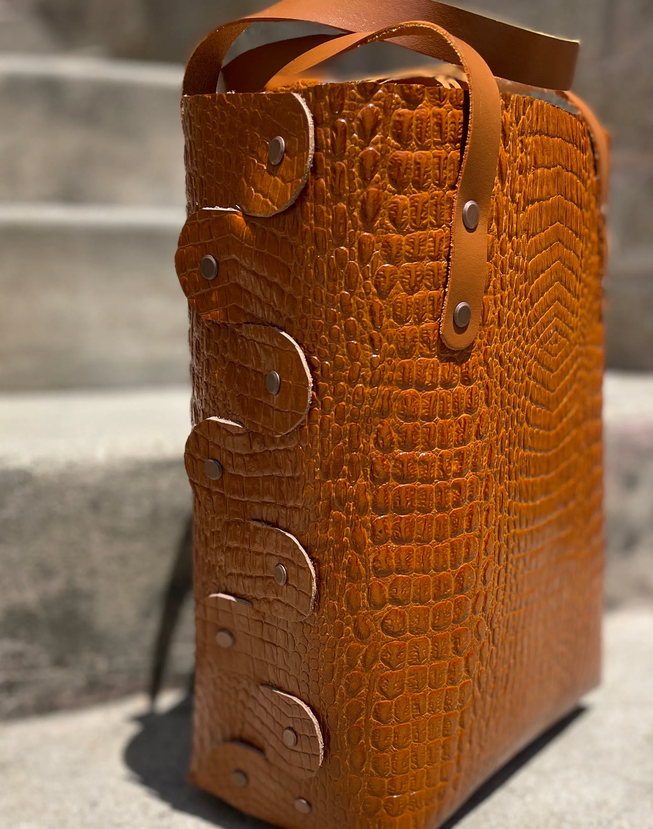 Shiny Caramel Croc Embossed Open Top Crossbody Tote