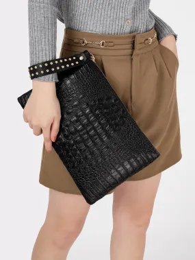 Studded Decor Croc Embossed Clutch Bag