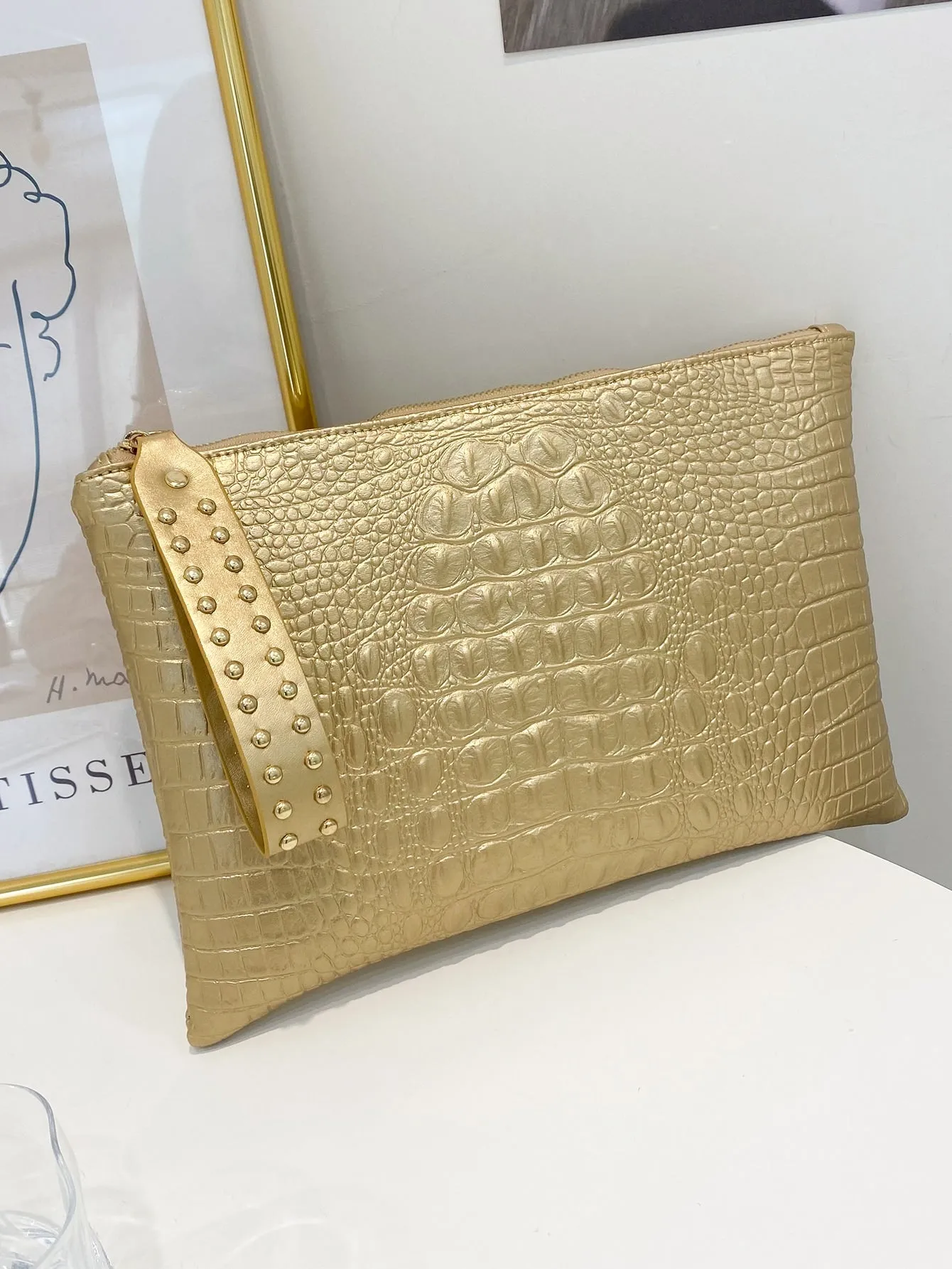 Studded Decor Croc Embossed Clutch Bag