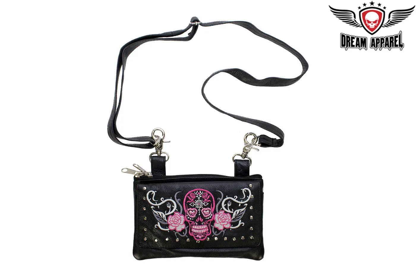 Studded Hot Pink Sugar Skull Naked Cowhide Leather Belt Bag