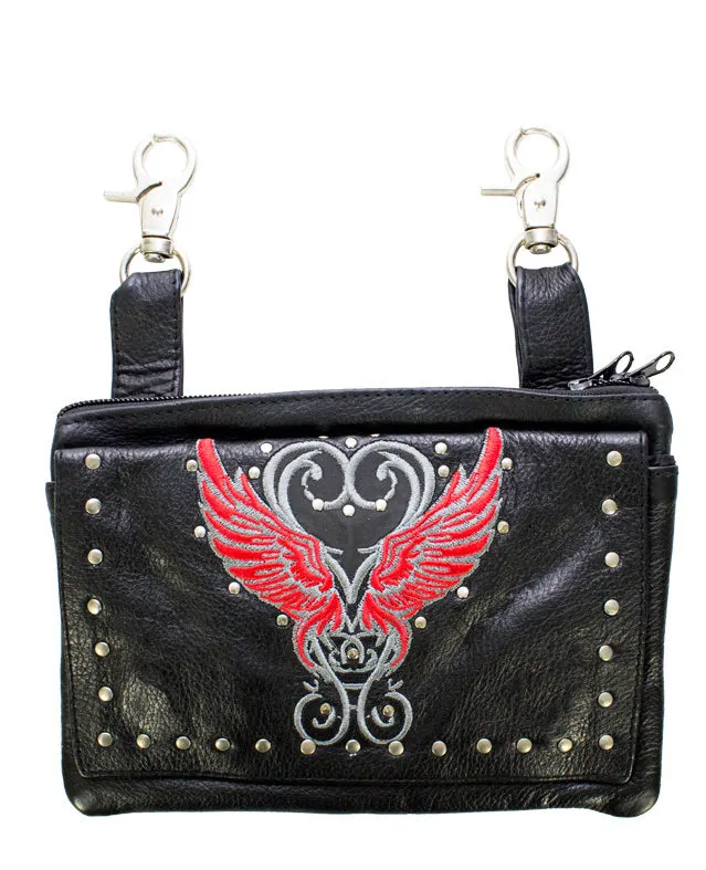 Studded Naked Cowhide Leather Belt Bag with Red Wings