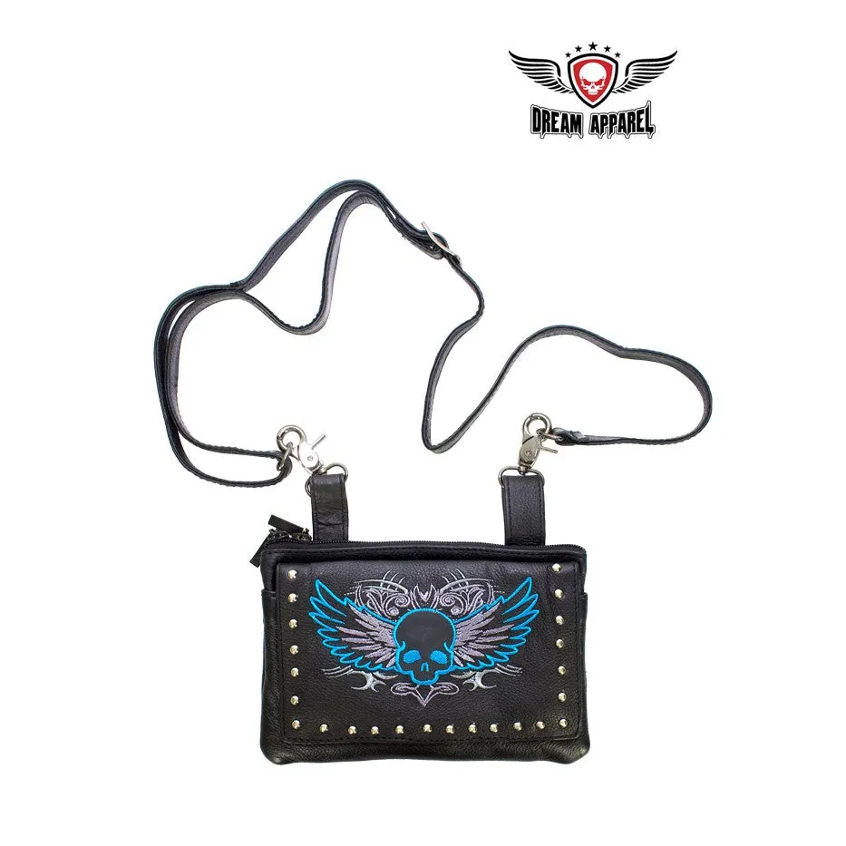 Studded Naked Cowhide Leather Turquoise Skull Belt Bag