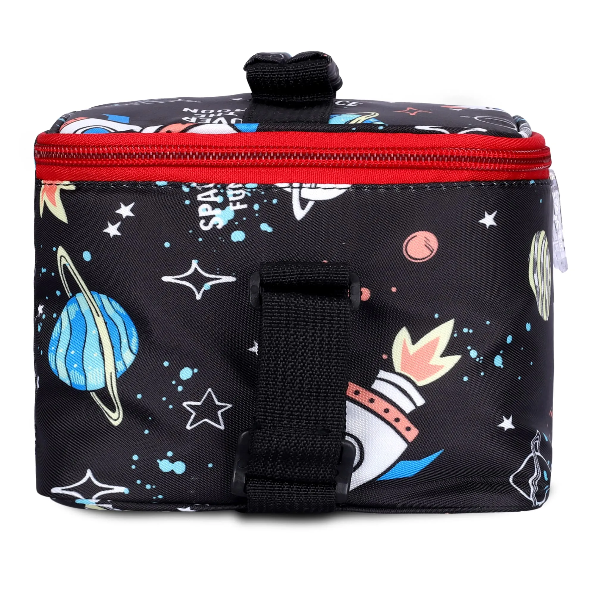 THE CLOWNFISH Snack Attack Series Polyester Printed Tiffin Carry Bag Lunch Bag Lunch Box Carrier Bag for School Picnic Travel Food Storage Bag (Jet Black)