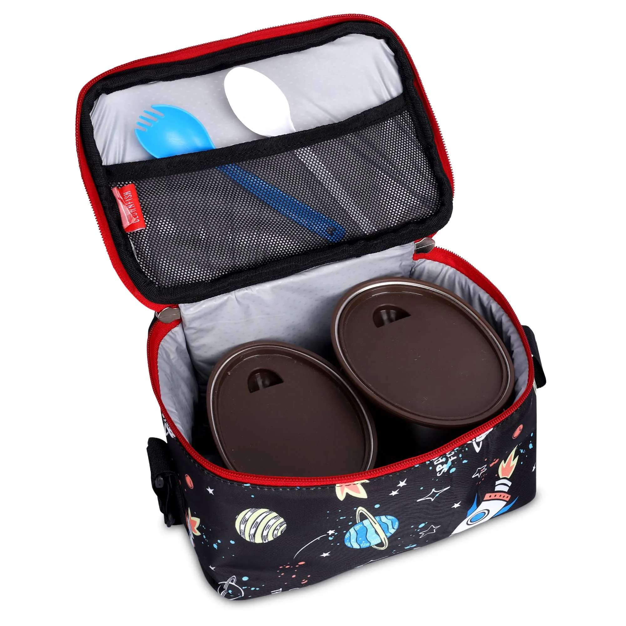 THE CLOWNFISH Snack Attack Series Polyester Printed Tiffin Carry Bag Lunch Bag Lunch Box Carrier Bag for School Picnic Travel Food Storage Bag (Jet Black)