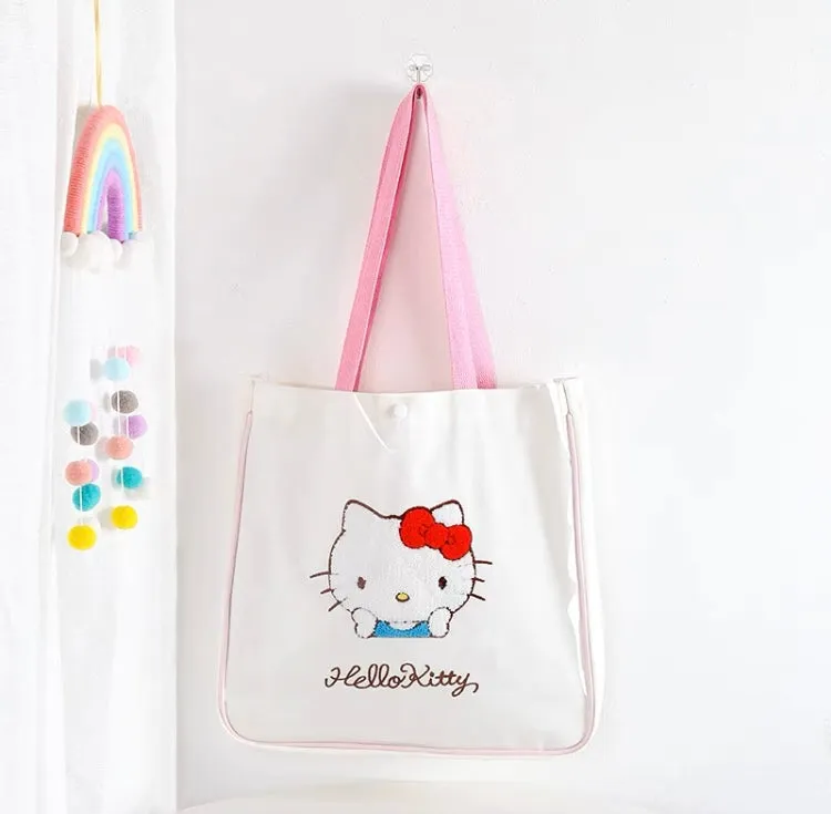 Tote Bag with Embroidery | Hello Kitty My Melody Kuromi Little Twin Stars Cinnamoroll Pompompurin Pochacco KeroKeroKeroppi - with Plastic Cover